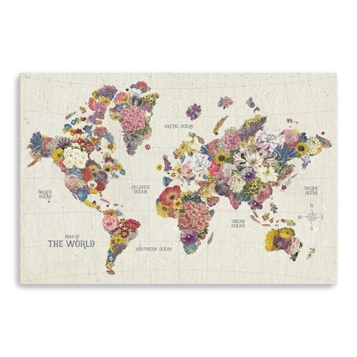 48" x 32" Fun Floral Map of the World Canvas Wall Art - Homeroots