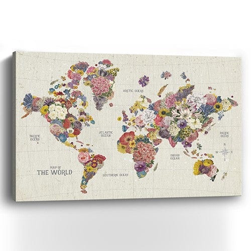 48" x 32" Fun Floral Map of the World Canvas Wall Art - Homeroots