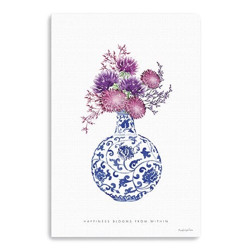 24" x 16" Blue and White Happiness Floral Vase Canvas Wall Art - Homeroots