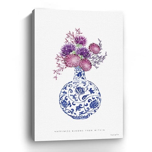 24" x 16" Blue and White Happiness Floral Vase Canvas Wall Art - Homeroots