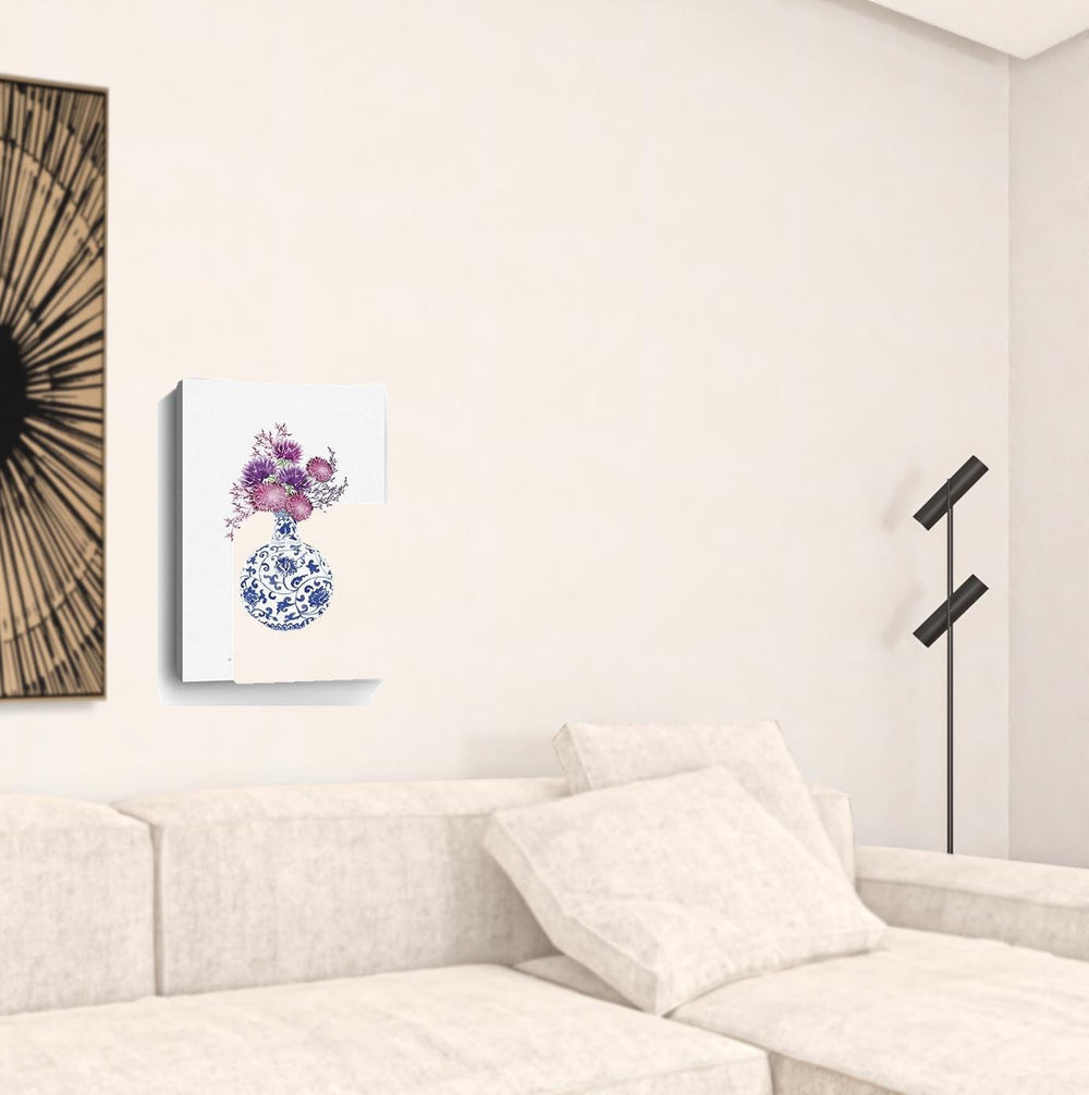 24" x 16" Blue and White Happiness Floral Vase Canvas Wall Art - Homeroots