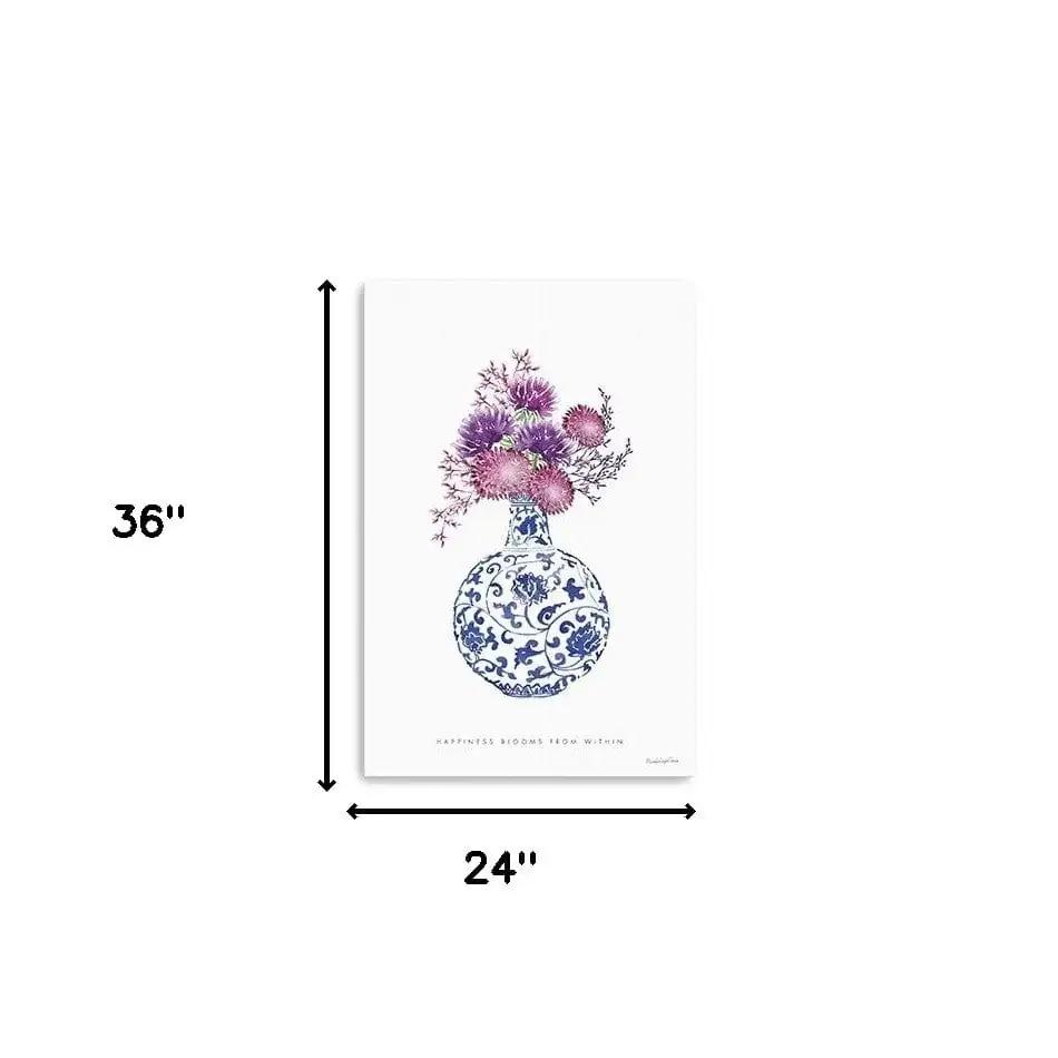 36" x 24" Blue and White Happiness Floral Vase Canvas Wall Art - Homeroots