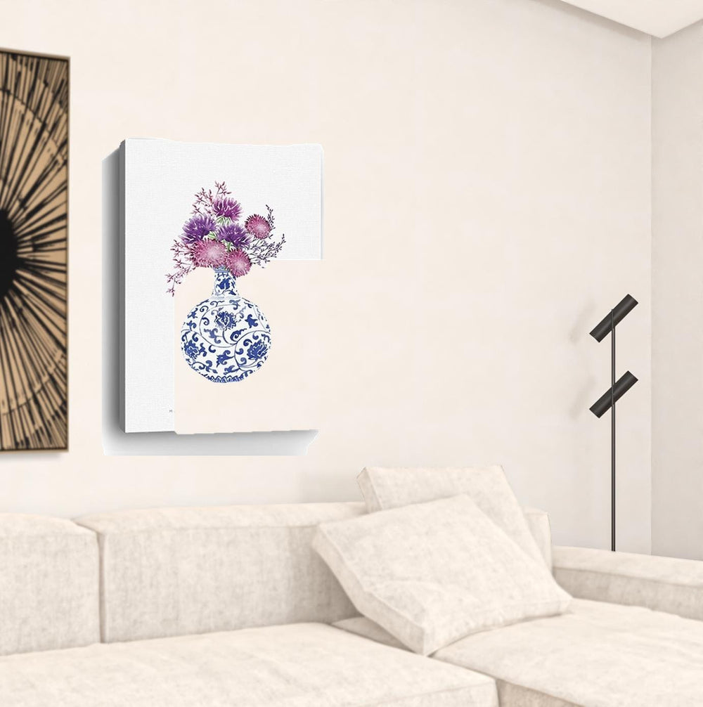 36" x 24" Blue and White Happiness Floral Vase Canvas Wall Art - Homeroots