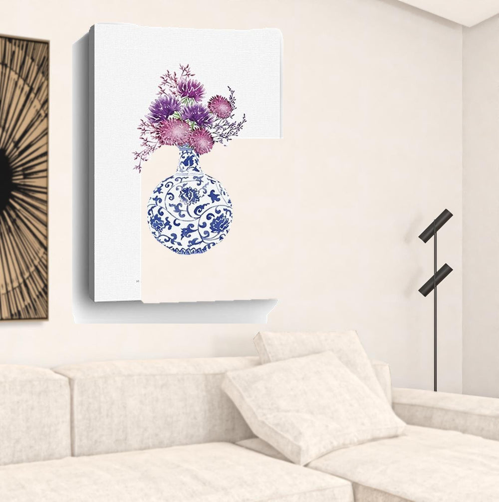 48" x 32" Blue and White Happiness Floral Vase Canvas Wall Art - Homeroots