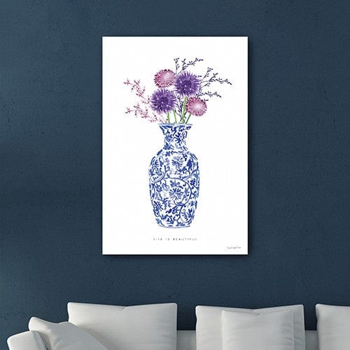 24" x 16" Blue and White Life Floral Vase Canvas Wall Art - Homeroots