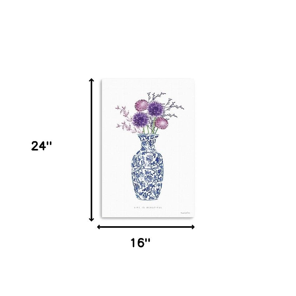 24" x 16" Blue and White Life Floral Vase Canvas Wall Art - Homeroots