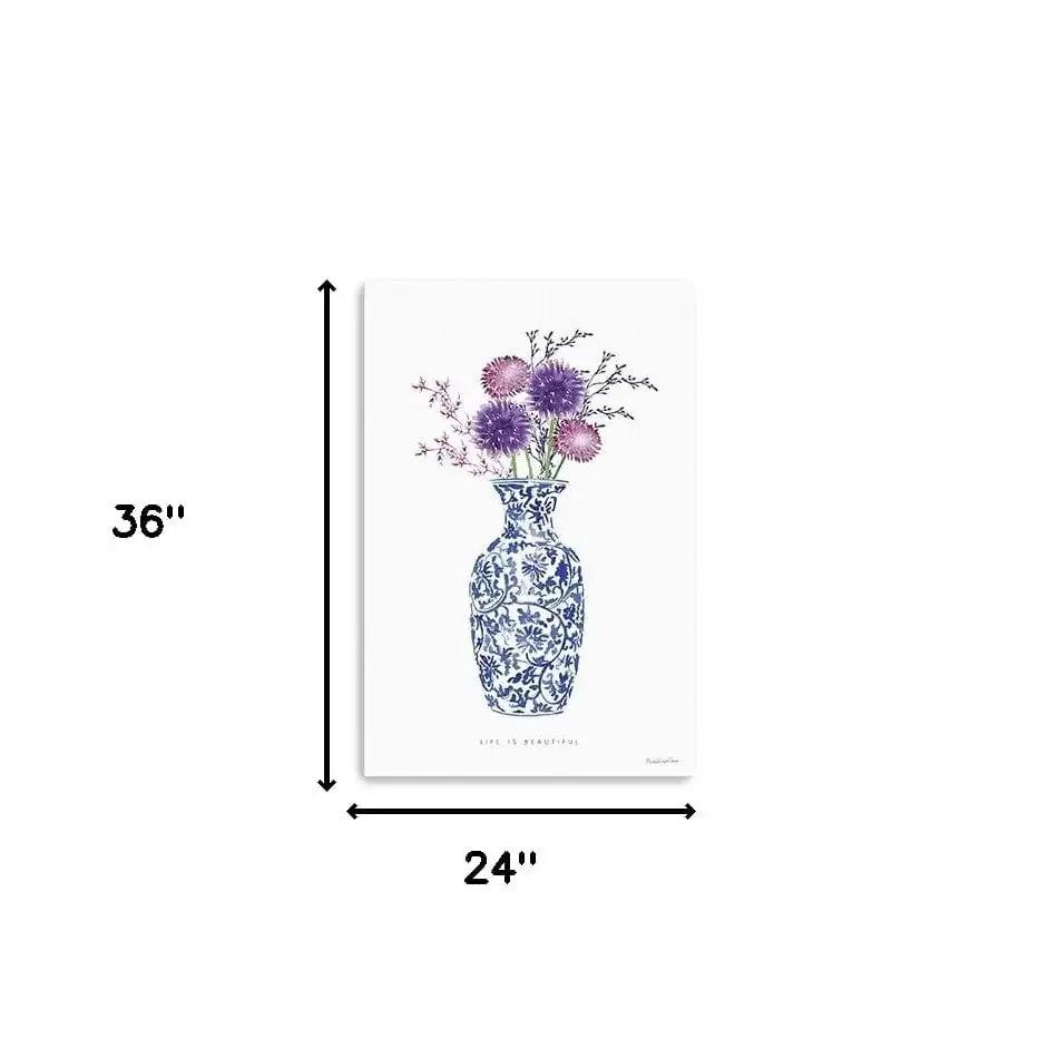 36" x 24" Blue and White Life Floral Vase Canvas Wall Art - Homeroots