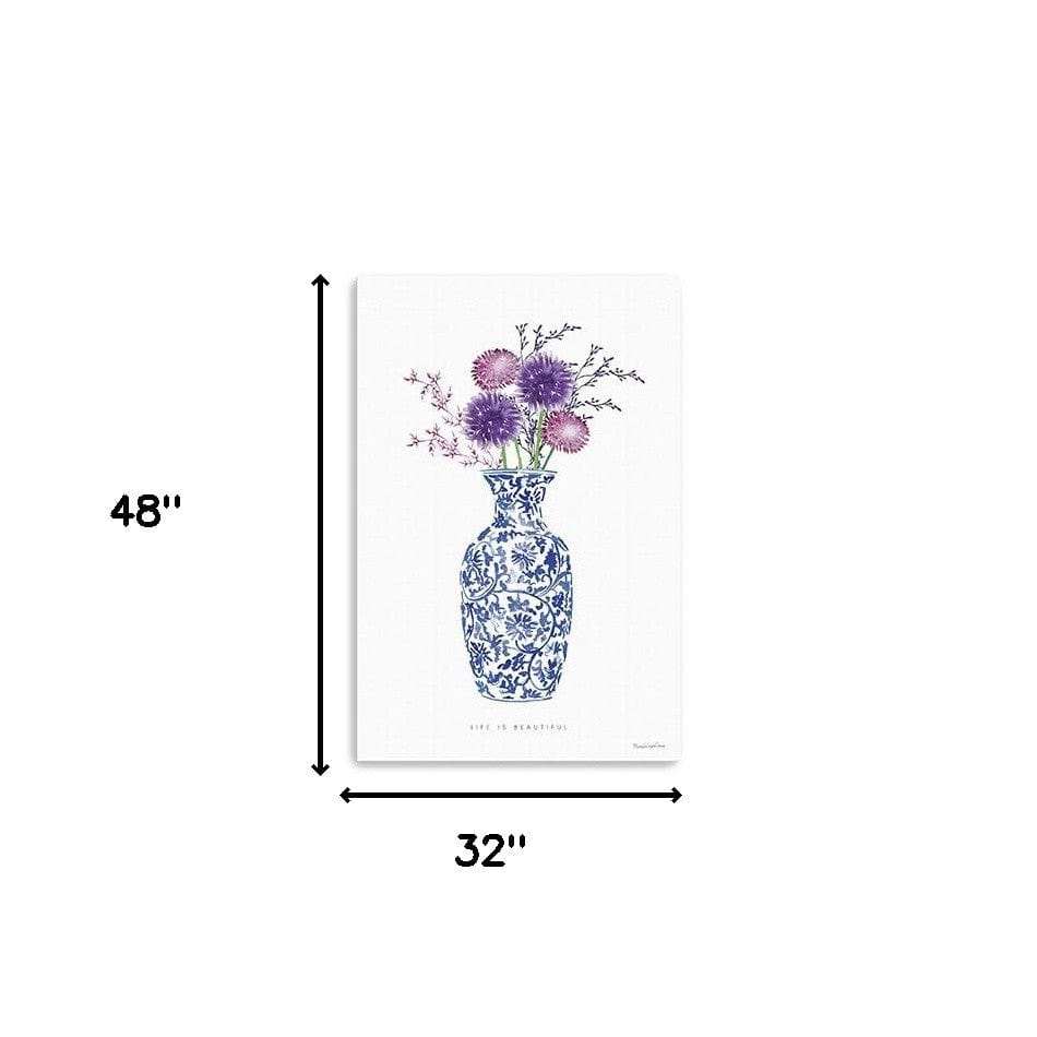 48" x 32" Blue and White Life Floral Vase Canvas Wall Art - Homeroots