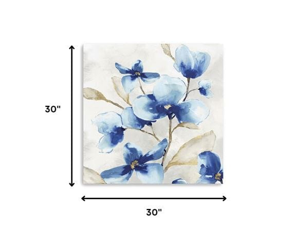 30" x 30" Watercolor Shades of Blue Floral Canvas Wall Art - Homeroots