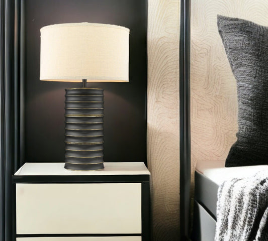 29" Black Metal Column Lamp With Off White Drum Shade - Homeroots