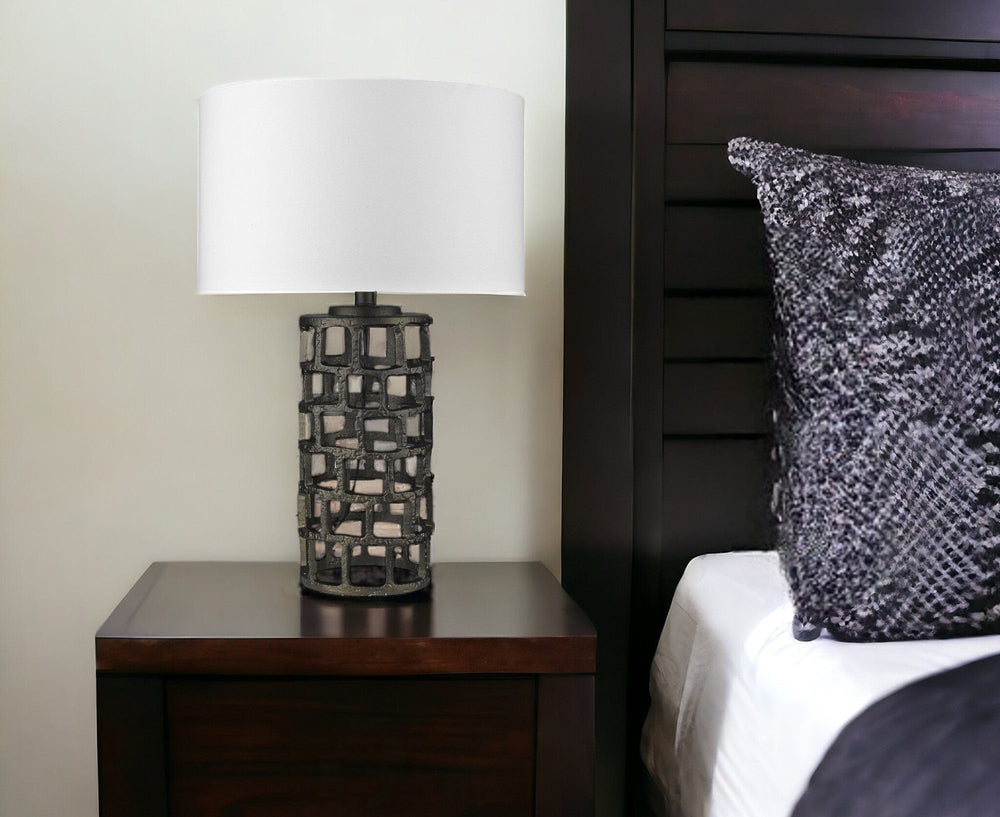 26" Black Metal Column Table Lamp With White Drum Shade - Homeroots