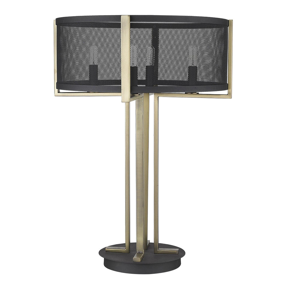 25" Brass Metal Four Light Geometric Table Lamp With Black Drum Shade - Homeroots