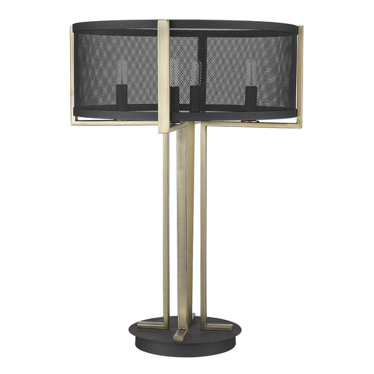 25" Brass Metal Four Light Geometric Table Lamp With Black Drum Shade - Homeroots