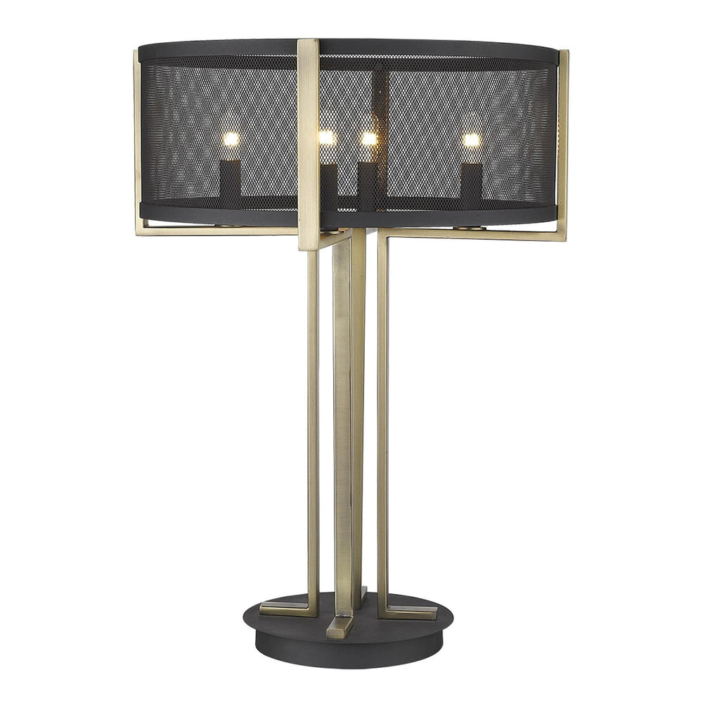 25" Brass Metal Four Light Geometric Table Lamp With Black Drum Shade - Homeroots