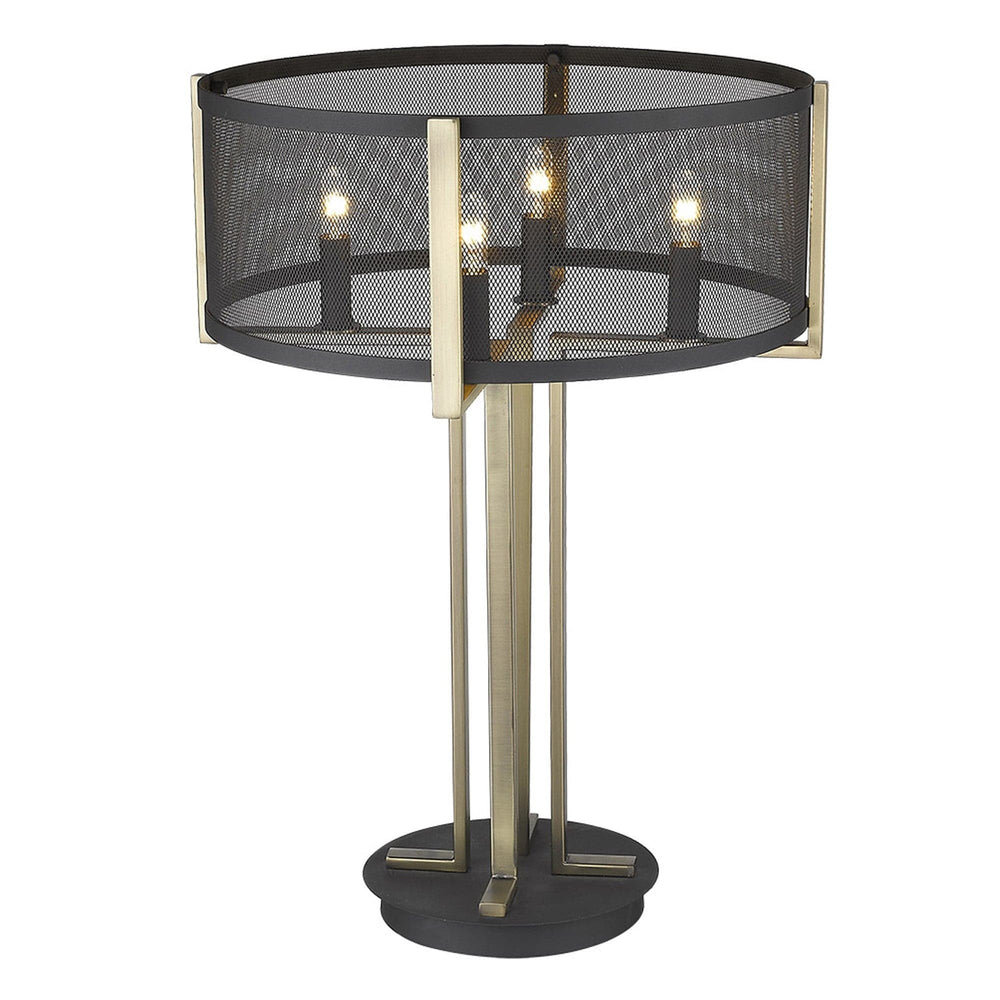 25" Brass Metal Four Light Geometric Table Lamp With Black Drum Shade - Homeroots