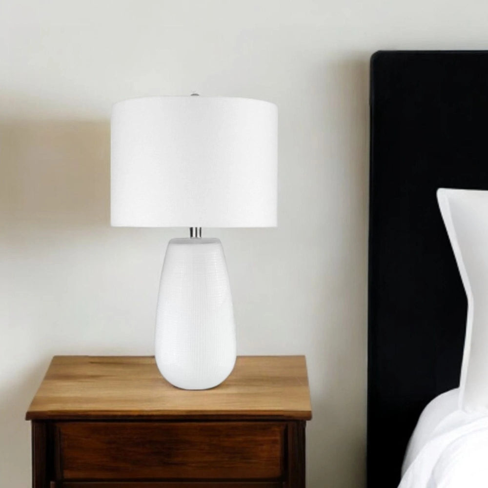 28" White Glass Table Lamp With White Drum Shade - Homeroots - Flyclothing LLC
