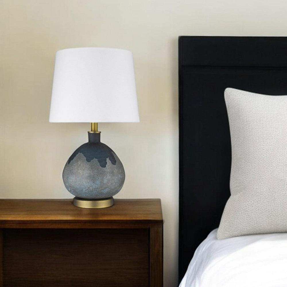 22" Teal Blue Concrete Gourd Table Lamp With Cream Empire Shade - Homeroots