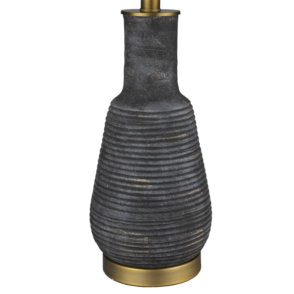 26" Gray and Gold Ceramic Column Lamp With White Drum Shade - Homeroots - Flyclothing LLC
