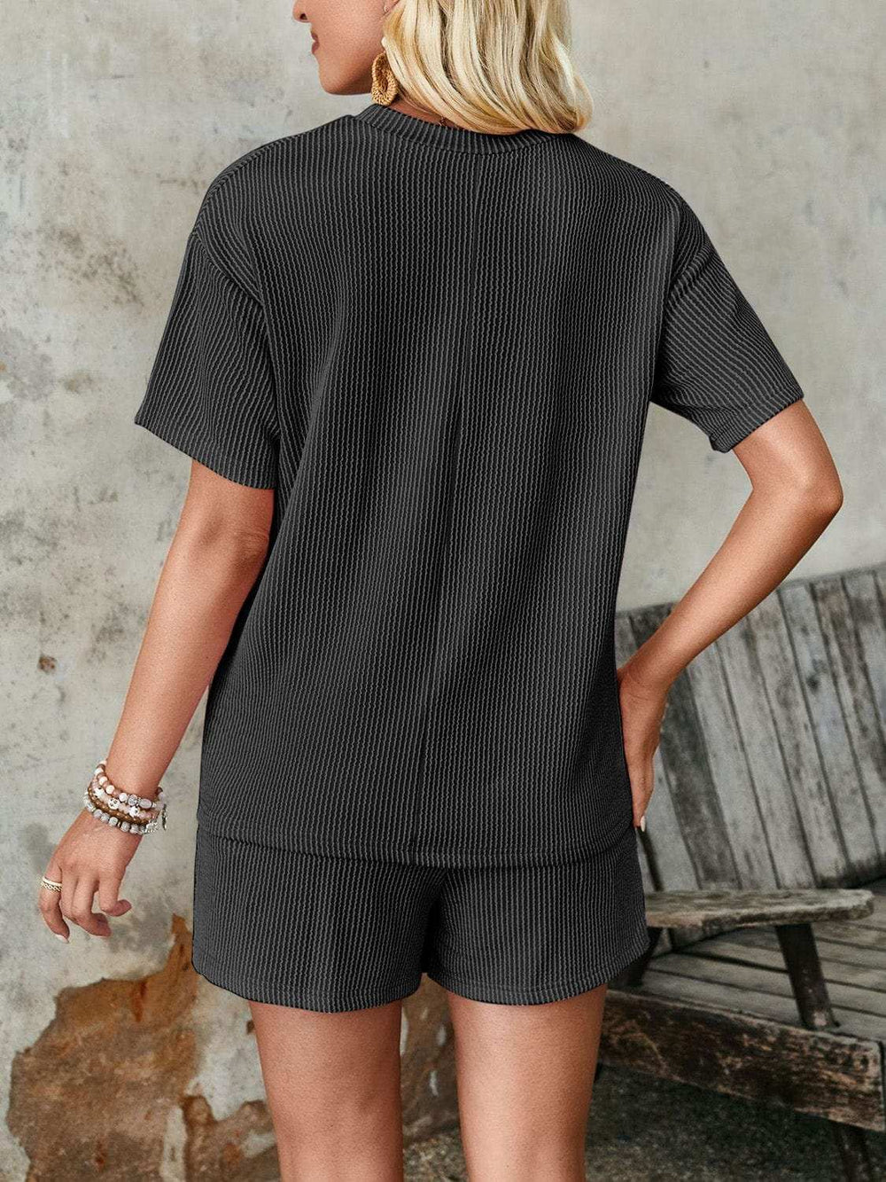 Textured Round Neck Short Sleeve Top and Shorts Set - Trendsi - Flyclothing LLC