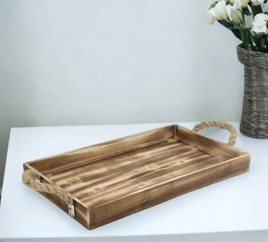 Brown Wooden Tray with Rope Handles - Homeroots - Flyclothing LLC