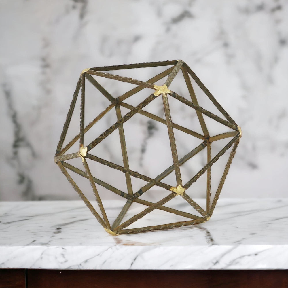 8" Brown and Gold Metal Hand Painted Geometric Orb Tabletop Sculpture - Homeroots