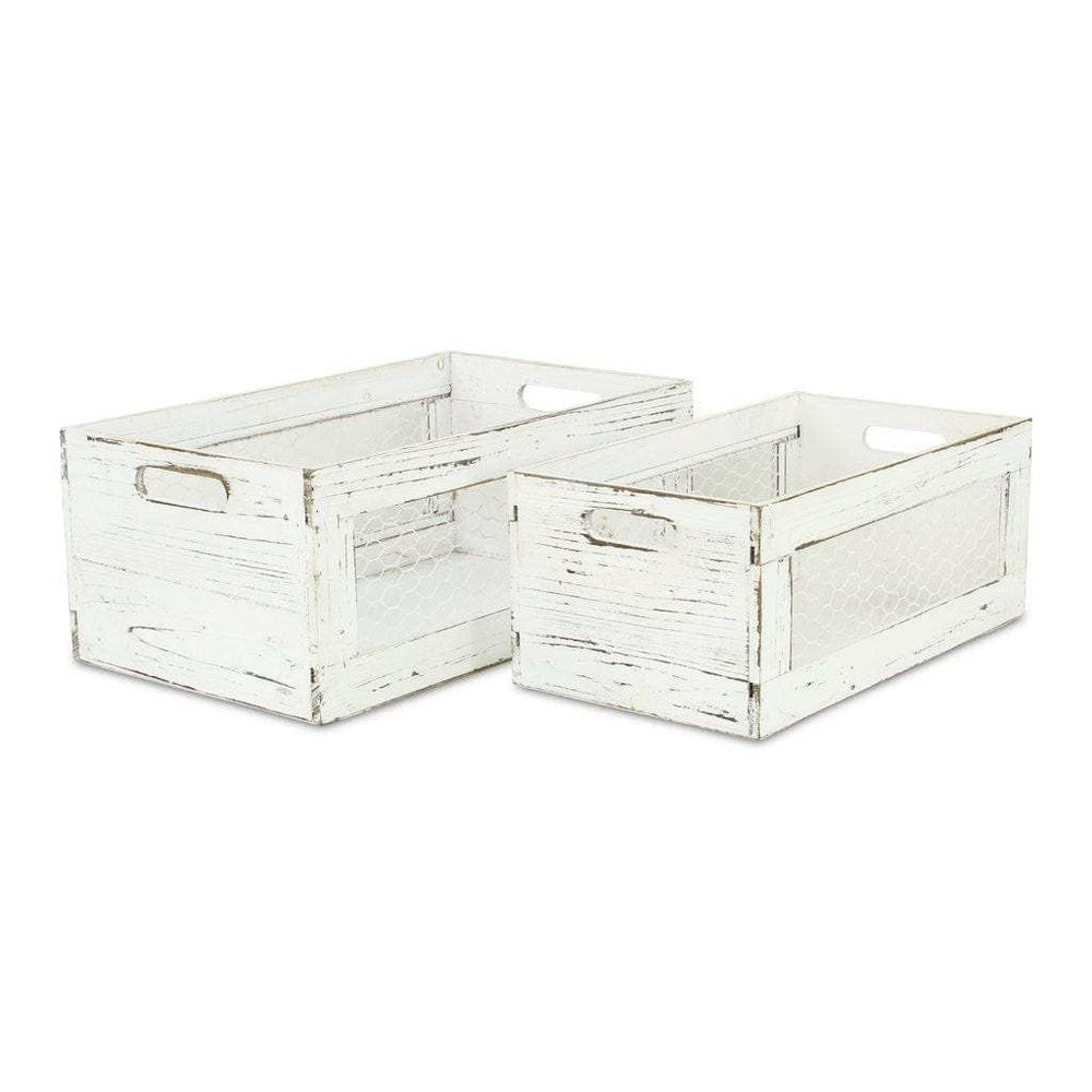 Set of Two Rustic Whitewash Chicken Wire Sides Wooden Crates - Homeroots - Flyclothing LLC