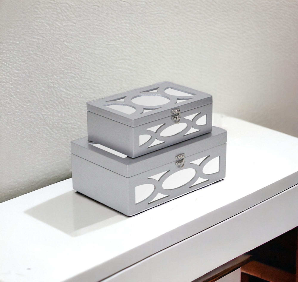 Set of Two Silver Oval Scroll Mirror Jewelry Storage Boxes - Homeroots - Flyclothing LLC