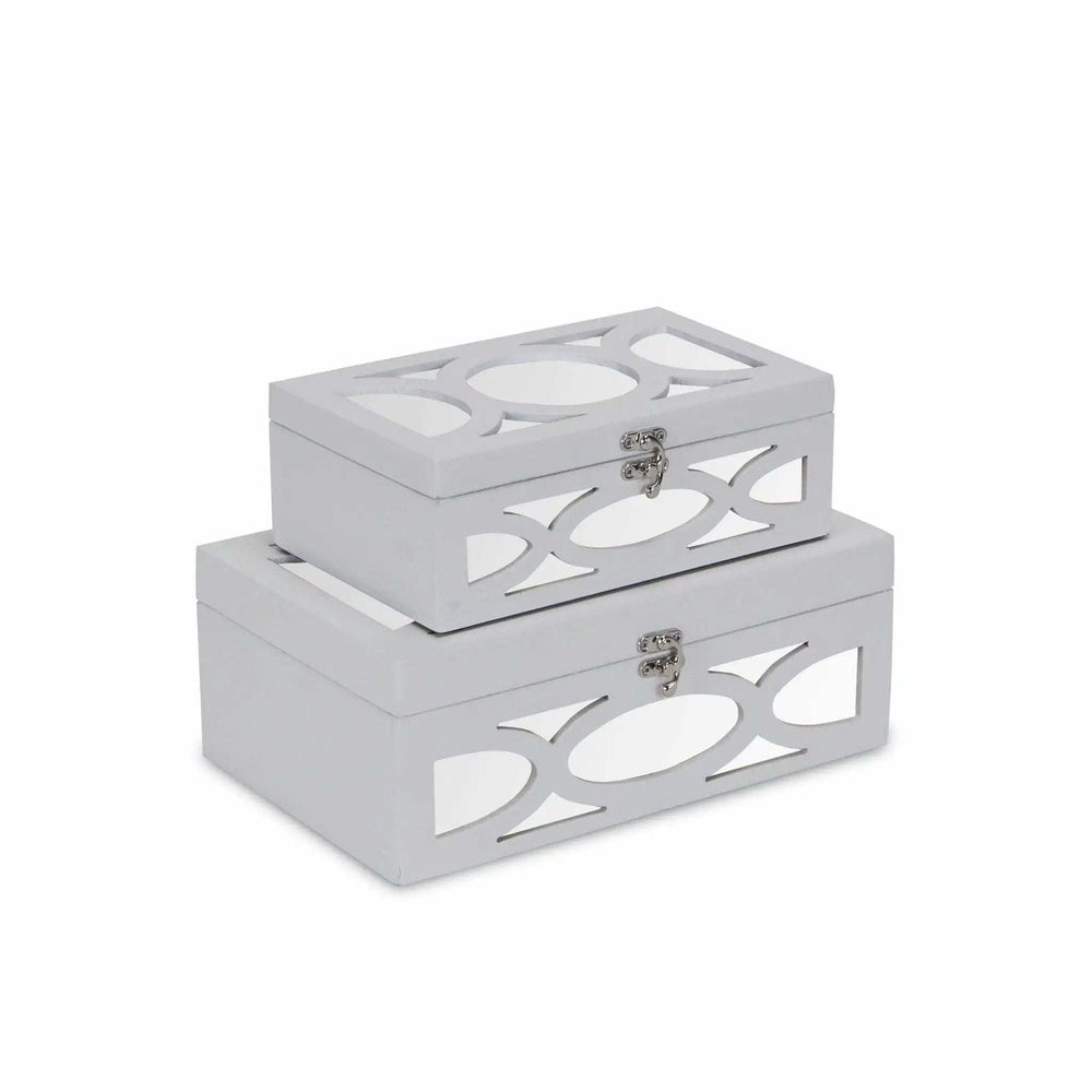Set of Two White Oval Scroll Mirror Jewelry Storage Boxes - Homeroots - Flyclothing LLC