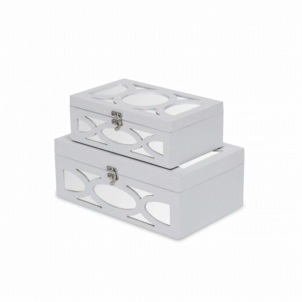 Set of Two White Oval Scroll Mirror Jewelry Storage Boxes - Homeroots - Flyclothing LLC