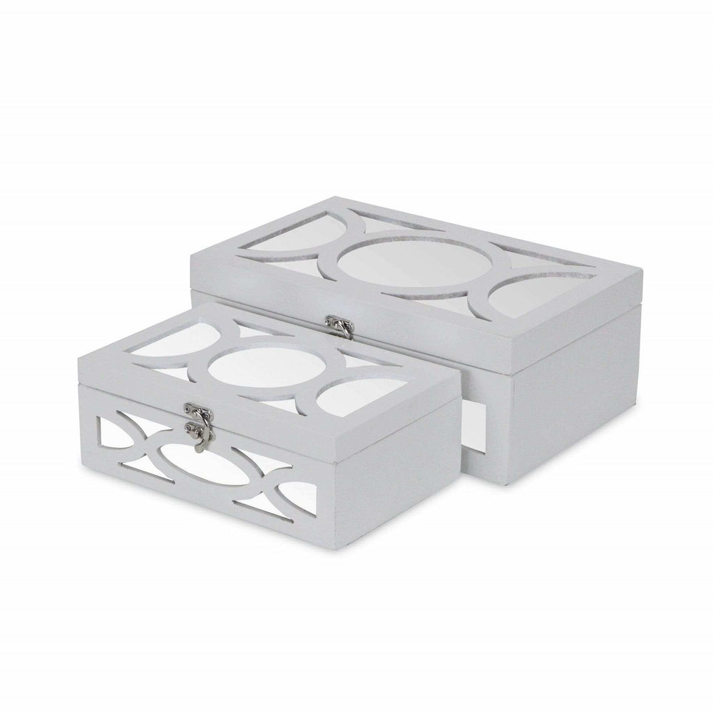 Set of Two White Oval Scroll Mirror Jewelry Storage Boxes - Homeroots - Flyclothing LLC