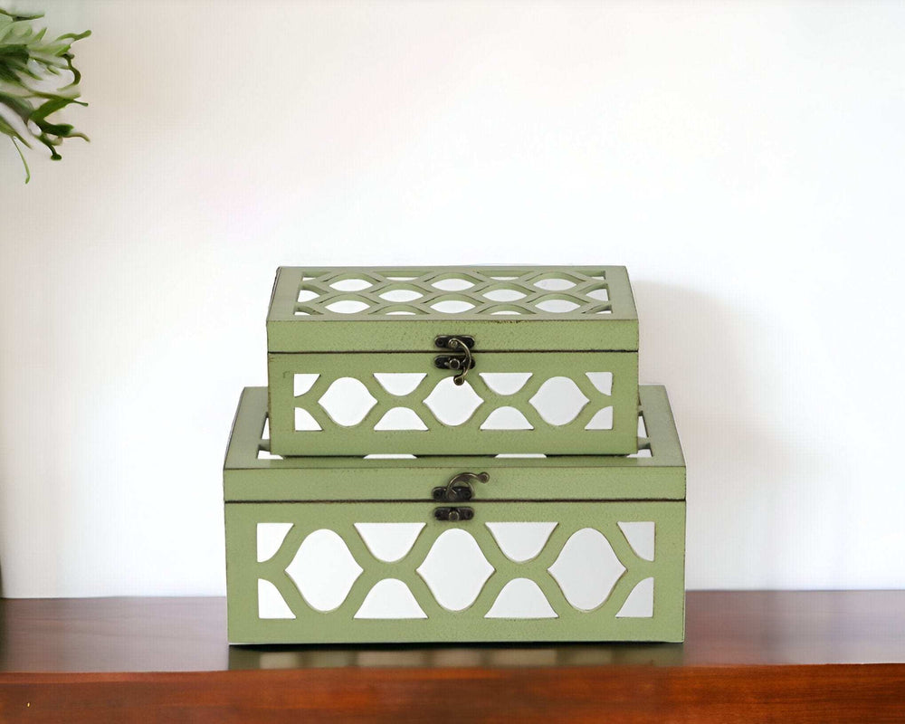 Set of Green Quatrefoil Mirror Jewelry Storage Boxes - Homeroots - Flyclothing LLC