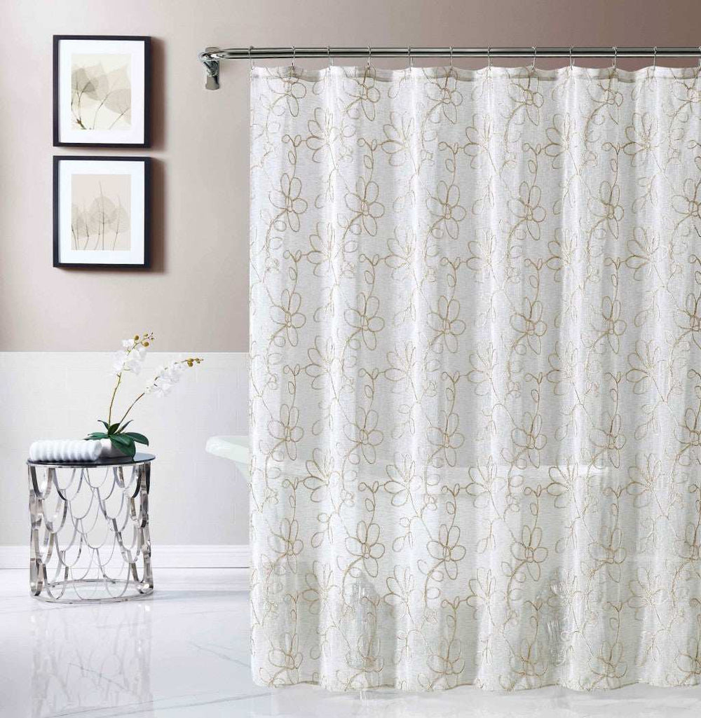 Tan and White Floral Embroider Shower Curtain - Homeroots - Flyclothing LLC