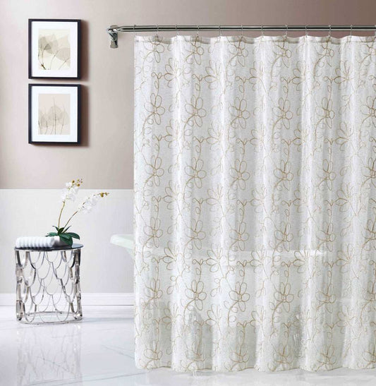 Tan and White Floral Embroider Shower Curtain - Homeroots - Flyclothing LLC