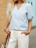 Striped Notched Puff Sleeve Blouse - Trendsi - Flyclothing LLC
