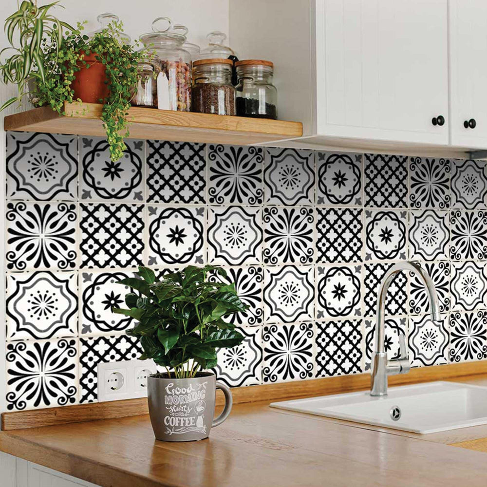 8" X 8" Black and White Multi Peel and Stick Removable Tiles - Homeroots