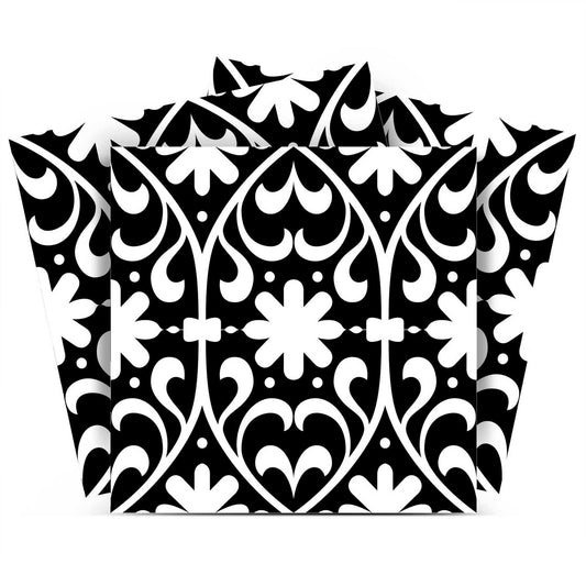 4" X 4" Black and White Floral Peel and Stick Removable Tiles - Homeroots