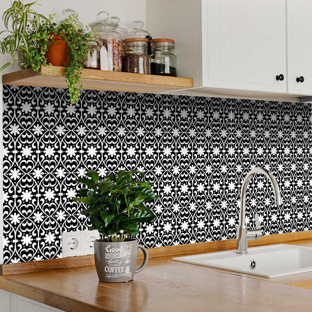 8" X 8" Black and White Floral Peel and Stick Removable Tiles - Homeroots