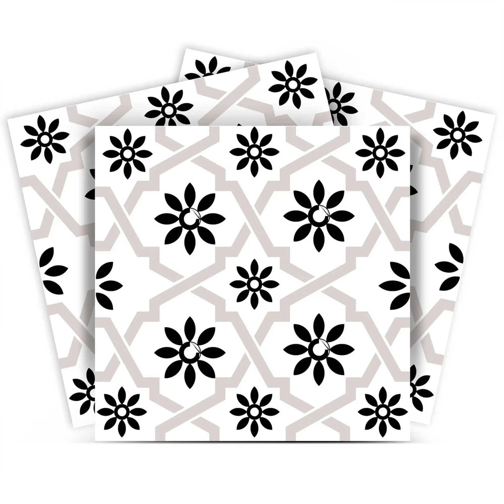 5" X 5" Black and White Lil Daisy Peel and Stick Removable Tiles - Homeroots