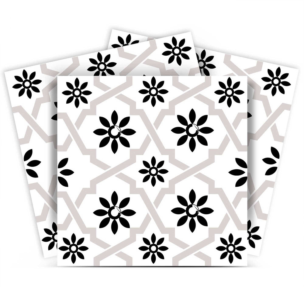 7" X 7" Black and White Lil Daisy Peel and Stick Removable Tiles - Homeroots