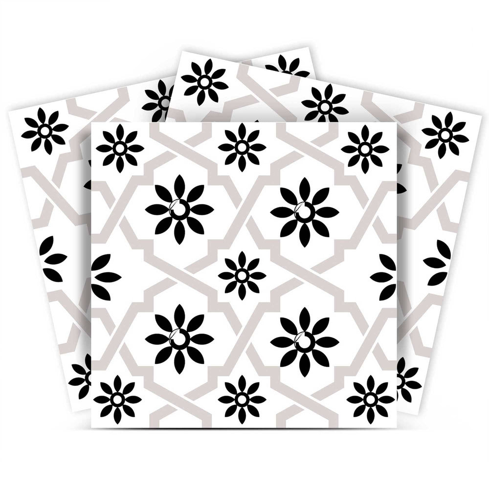 8" X 8" Black and White Lil Daisy Peel and Stick Removable Tiles - Homeroots
