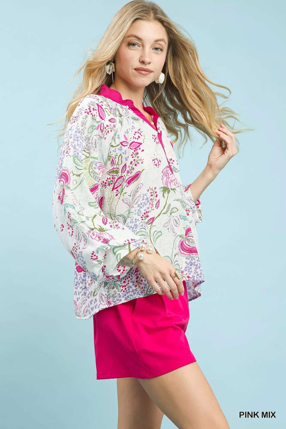 Umgee Paisley Floral Contrast Trim Blouse - Trendsi - Flyclothing LLC