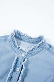 Button Down Raw Hem Ruffled Denim Shirt - Trendsi - Flyclothing LLC