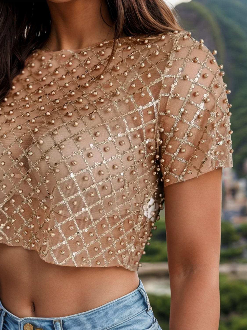 Sequin Bead Trim Round Neck Short Sleeve Blouse - Trendsi - Flyclothing LLC