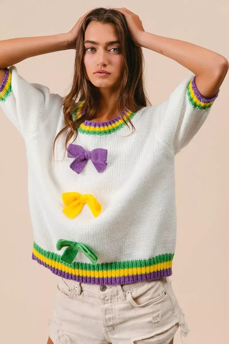 BiBi Short Puff Sleeve Ribbon Bow Mardi Gras Sweater - Trendsi - Flyclothing LLC