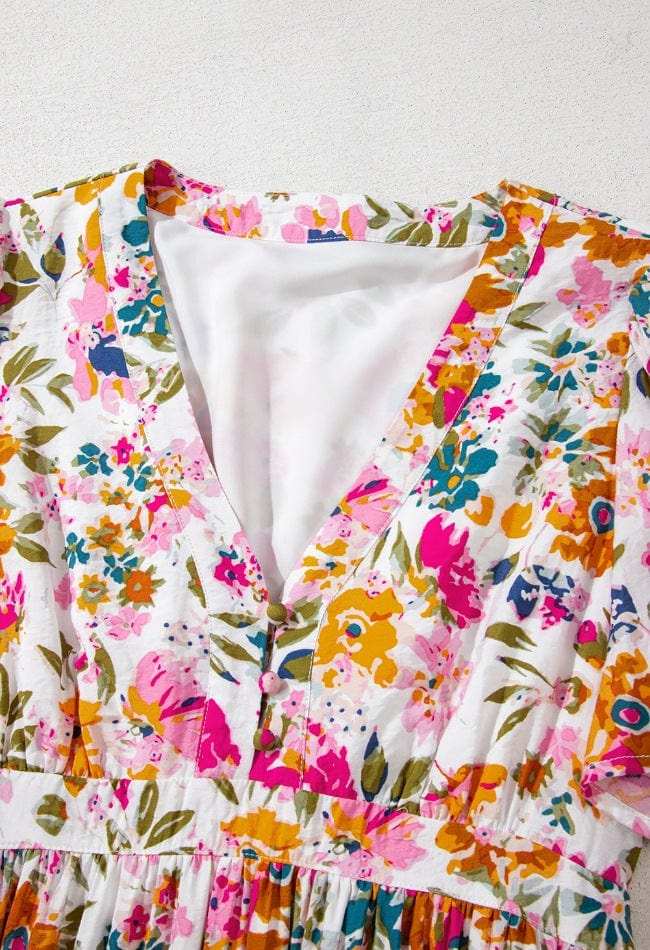 Floral Short Sleeve V Neck Dress with Pockets - Trendsi - Flyclothing LLC