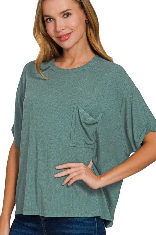 Zenana Oversized Ribbed Round Neck Short Sleeve Tee - Trendsi - Flyclothing LLC
