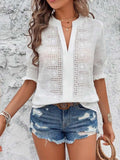 Eyelet Notched Flounce Sleeve Blouse - Trendsi - Flyclothing LLC