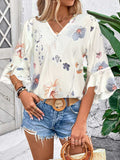 Ruffled Printed V-Neck Half Sleeve Blouse - Trendsi - Flyclothing LLC