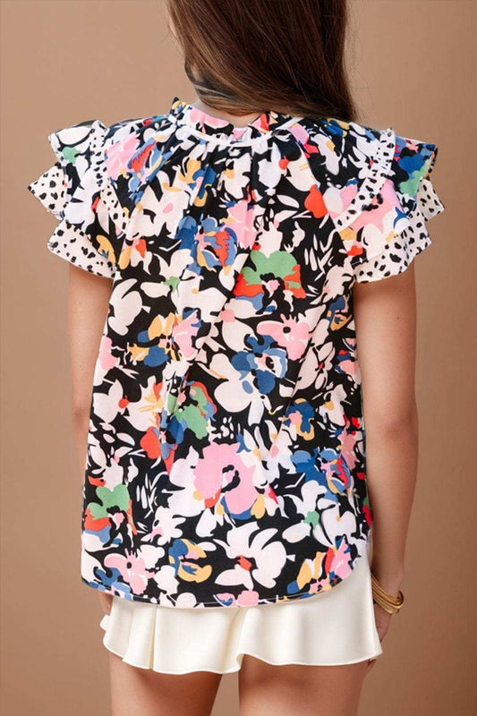 Ruffled Printed Tie Neck Cap Sleeve Blouse - Trendsi - Flyclothing LLC