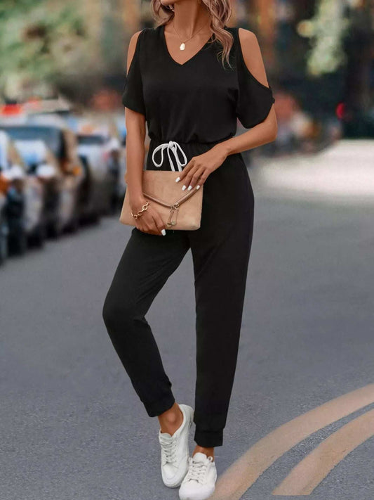 Cold Shoulder V-Neck Drawstring Waist Jumpsuit - Trendsi - Flyclothing LLC